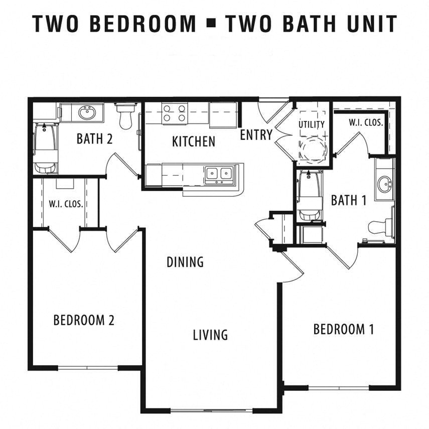 Floor plan for 2 beds, 2 baths, 1000 sqft